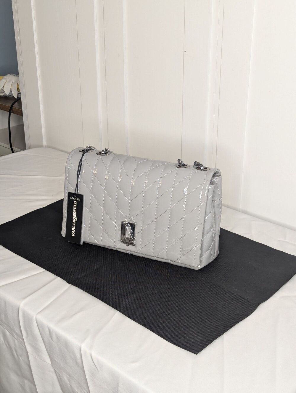 Karl Lagerfeld Paris Large Lafayette - Quilted Patent Leather, Smoke Grey, Silve